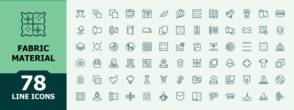 Fabric Material icons set. Containing icons, vector, alpaca, leather, textile fibers and more. Outline icon. Editable vector art.