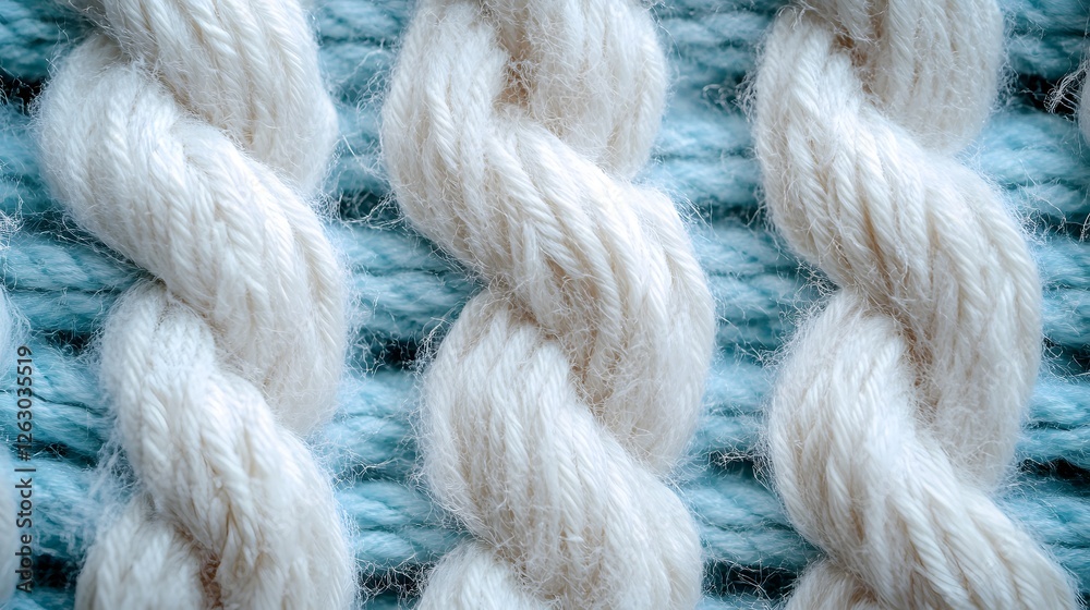 Poster a detailed image showcasing the intricate texture of white yarn interwoven with a light blue backdro