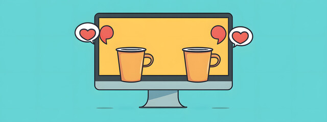 A computer screen with two coffee cups and chat bubbles on the screen

