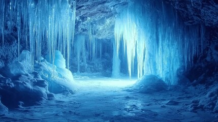 Stunning Ice Cave with Blue Illumination and Hanging Icicles