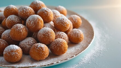 Close up shot of fried balls with powdered sugar on a white plate on a light blue background.