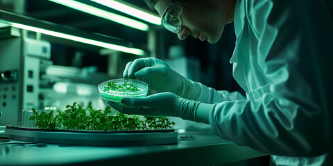 A scientist carefully handles plants in a laboratory, surrounded by green sprouts in petri dishes
