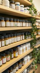Shelves of Natural Supplements and Vitamins in Wellness Shop Display