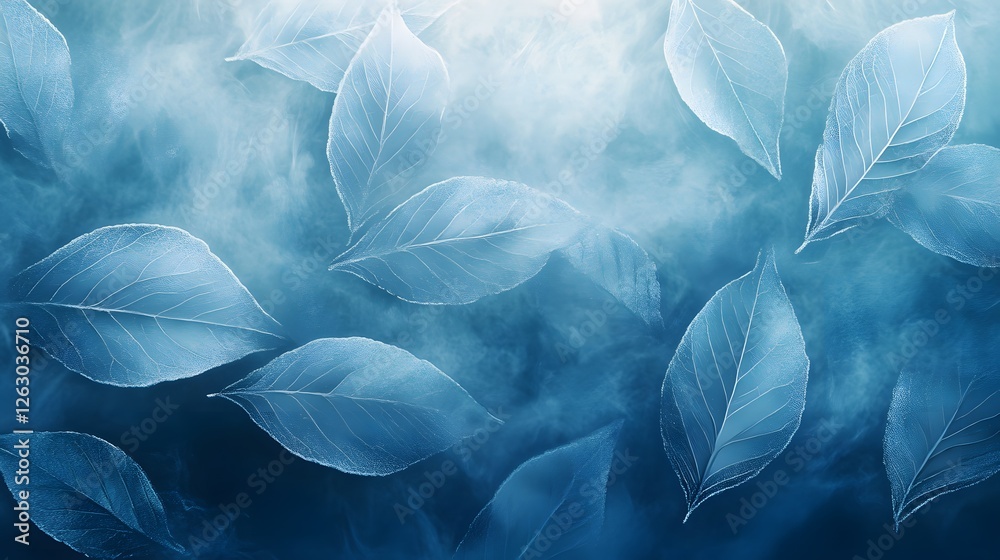 Poster ethereal blue leaves float in a misty atmosphere, creating a serene and calm scene. serene blue: an 