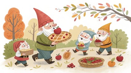 Autumn Harvest Gnomes Digital Painting of Three Gnomes Gathering Apples and Pie, Illustration, Fall, Gnome Gnomes, Fall Harvest