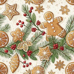 Christmas Gingerbread Cookies Seamless Pattern Watercolor Illustration, Festive Design, Holiday Decor Christmas, Gingerbread