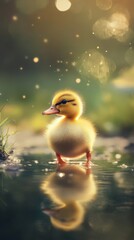 A fluffy yellow duckling stands near water at sunset