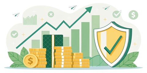 Financial Growth and Security Upward Trend, Stacked Coins, Protective Shield Illustration, Financial Planning, Investment Protection Financial security, investment growth