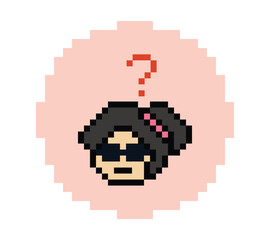 Cute pixel cartoon character woman with question mark decoration 8 bit female girl lady confused idea question mark think questionnaire choose cartoon pixel game 8bit png vector.