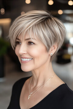 A beautiful smiling middle aged woman with blond Angled Pixie Bob hair and natural makeup, looking confident and happy. Women's haircut option for short hair.