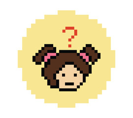 Obraz premium Cute pixel cartoon character woman with question mark decoration 8 bit female girl lady confused idea question mark think questionnaire choose cartoon pixel game 8bit png vector.