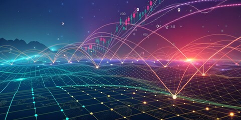 Global Network Abstract Digital Landscape with Candlestick Chart, Data Visualization, Cryptocurrency, Stock Market Cryptocurrency, Stock Market