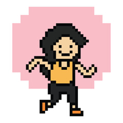 Fototapeta premium Cute cartoon run exercise pixel cartoon 8bit character woman lady run running jog cardio lifestyle decoration life style 8 bit female jog marathon exercise game 8 bit game vector.
