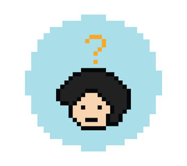 Fototapeta premium Cute pixel cartoon character man with question mark decoration 8 bit male boy confused idea question mark quiz questionnaire choose cartoon pixel game 8bit png vector.