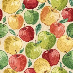Hand-drawn Apple Seamless Pattern Vintage Color Palette, Detailed Illustration, Fruity Concept Apples,Fruit Pattern