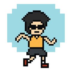 Obraz premium Cute pixel cartoon exercise run 8bit character man run running jog cardio lifestyle decoration life style 8 bit male boy jog marathon exercise png game 8 bit vector.