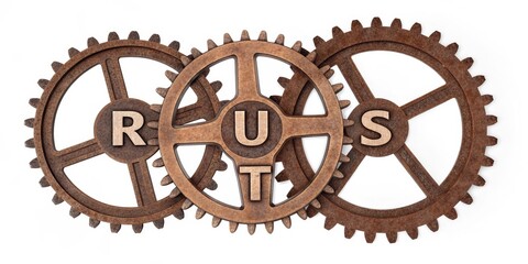 Interlocking Gears Rust Concept, 3D Wooden Cogs with RUST lettering, Teamwork, Mechanism, Gearwheels Teamwork, Mechanism