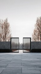 Elegant Gate Entrance Surrounded by Bare Trees in Minimalist Design
