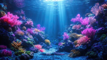 Fototapeta premium Vibrant Coral Reef Illuminated By Sunbeams Underwater