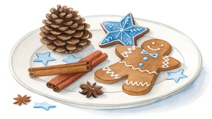 Watercolor Christmas Plate Gingerbread Man, Star Cookie and Spices, Watercolor Painting, Festive Treats, Christmas Baking Christmas cookies, Winter treats