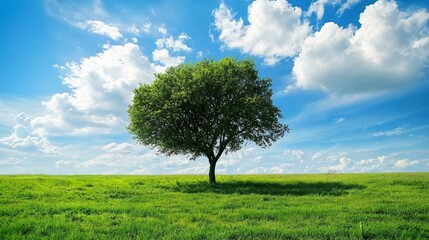 Obraz premium Solitary Tree Under Bright Sky with Fluffy Clouds and Green Grass