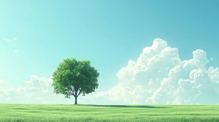 Obraz premium Lush Green Tree Under Bright Blue Sky with Fluffy White Clouds