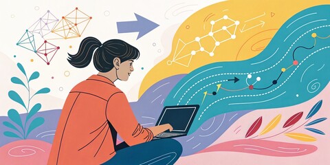Woman Working on Laptop with Abstract Data Flow Illustration, Data Visualization, Workflow ,Problem Solving
