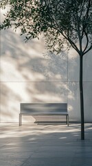 Modern Bench in Urban Environment with Tree and Shadow Play