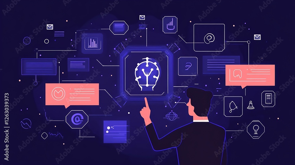 Aufkleber man interacts with a futuristic holographic interface displaying data points, graphs, and a brain-sh