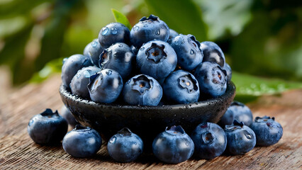 Juicy fresh blueberries in a black bowl with drops of water on a wooden table, surrounded by green leaves, creating an atmosphere of naturalness, freshness and summer taste