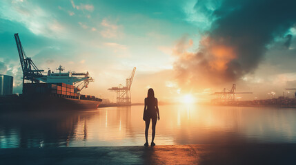 Fototapeta premium Container truck in ship port for business Logistics and transportation of Container Cargo ship and Cargo plane with working crane bridge in shipyard at sunrise, logistic import export and transport