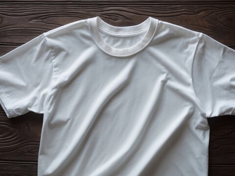A plain white T-shirt, laid flat on a dark wooden background