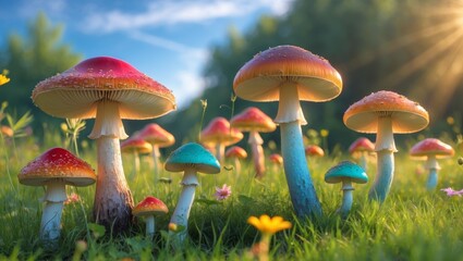 Fototapeta premium Charming and Colorful Mushrooms found on a Lush Green Field under the Bright Sunlight.