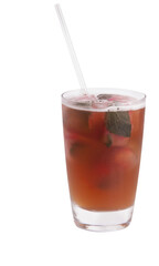 glass of natural iced tea with ice and straw isolated on transparent background