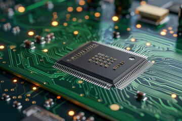 Obraz premium Close-Up of a Microchip on a Circuit Board with Complex Network of Green Lines and Glowing Elements in Technology Environment