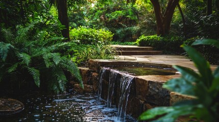 Obraz premium Serene Garden Path with Gentle Stream and Lush Greenery