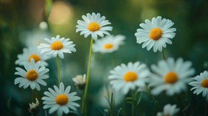 Fototapeta premium A lush garden features a close-up view of daisies, showcasing their white petals and yellow centers. The cheerful flowers create a delightful pattern on the surface, brightening the landscape.