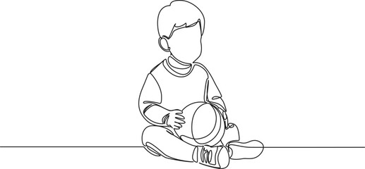 Fototapeta premium continuous single line drawing of toddler boy sitting on floor holding a ball, line art vector illustration
