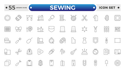Simple Set of Sewing outline icon, knitting and cloth repair Related Vector Line Icons. Contains thin Icons as Leather, Thimble, Needle and more. Editable stroke outline icon.