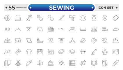 Simple Set of Sewing outline icon, knitting and cloth repair Related Vector Line Icons. Contains thin Icons as Leather, Thimble, Needle and more. Editable stroke outline icon.