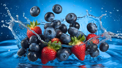 Delicious and fresh strawberries and blueberries in water with a spectacular splash on a blue background conveying a sense of freshness, juiciness and energy