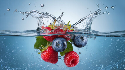 A dynamic image of fresh berries, including strawberries and blueberries, splashing into clear water, showing their vibrant colors and juicy freshness