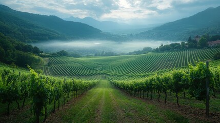 Fototapeta premium Serene Vineyard Landscape Amidst Misty Mountains