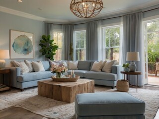 Fototapeta premium Serene Living Room Design With Light Blue Sofa And Wooden Coffee Table