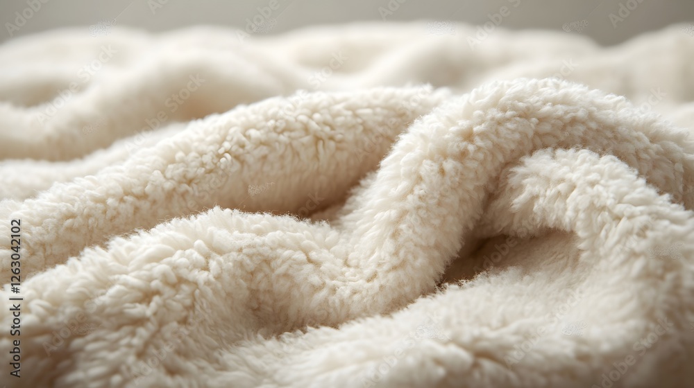 Poster close-up of a creamy, fluffy fleece blanket, emphasizing its soft and cozy texture. fuzzy blanket su