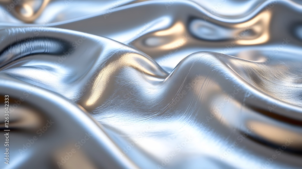 Aufkleber Close-up view of abstract silver texture resembling flowing fabric. Metallic sheen and smooth curves create a luxurious visual. Glistening Chrome Detailed texture background. Abstract Silver Drapery