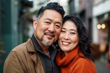 Obraz premium Portrait of a happy asian couple in their 30s looking at the camera