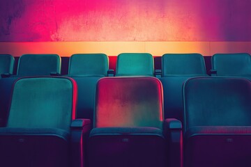 Obraz premium A photo of comfortable cinema seats in an empty movie theater, bathed in soft lighting and a vibrant color