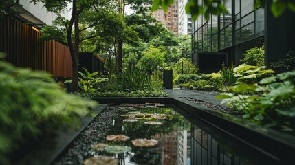 Obraz premium Lush Urban Garden with Serene Pond and Vibrant Greenery