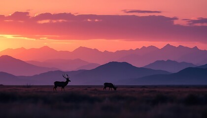Majestic Deer Silhouette at Sunset Mountain Landscape